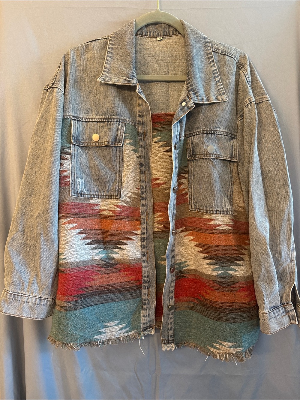 Southwestern Pattern Denim Jacket in Red & Teal